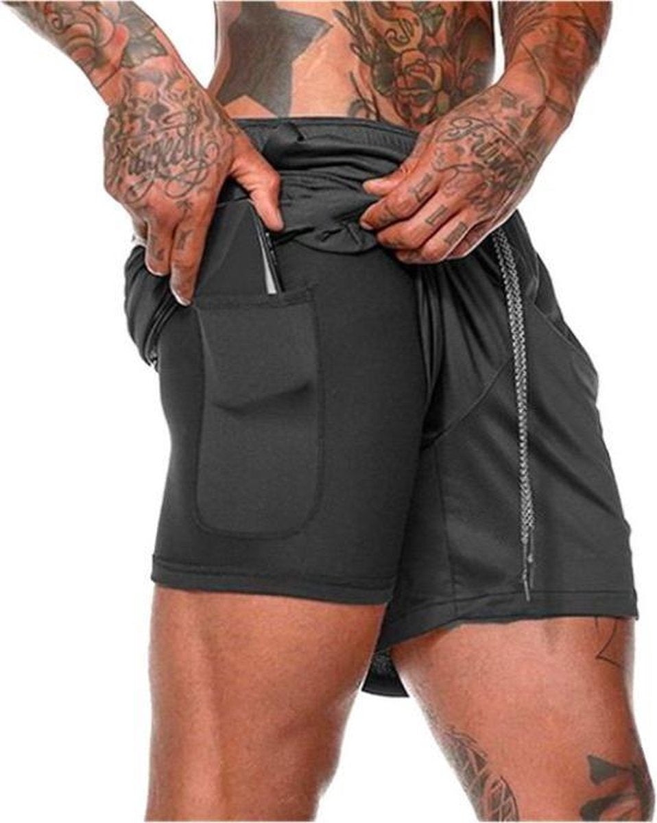 7442143942947 - MWÂ® - Sporthosen für Männer - Fitnesshosen - Laufhosen - Sportbekleidung - 2 in 1 Shorts - (Schwarz - L)