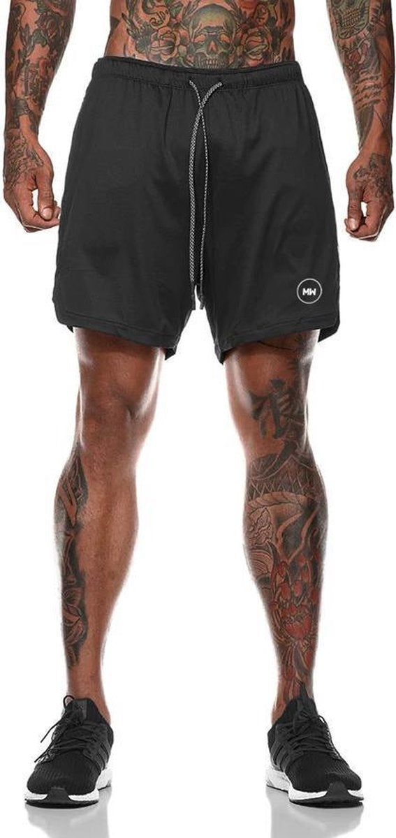 7442143942954 - MWÂ¬Ã† - Sporthosen Herren - Fitnesshosen - Sportbekleidung - 2 in 1 Shorts - Laufhosen (Schwarz - XL)