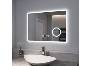 7445605683648 - Badspiegel mit 3-fache Vergrößerung led Badspiegel mit Beleuchtung 90x70cm Kaltweißes Licht Dimmbar Touch Beschlagfrei Uhr - 90x70cm |