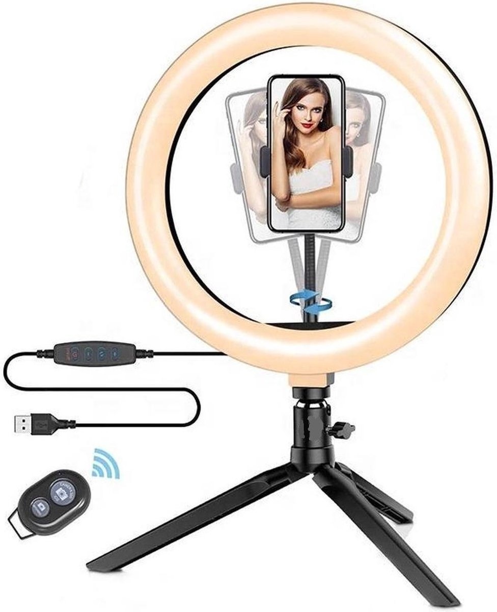 7448149062061 - LED Ringlampe mit Stativ Smartphone und Fernbedienung - Tischstativ- Tiktok Lampe - Ringlicht mit Stativ - Ringlampe USB 26 cm 10 Zoll - Ringlampe mit Telefonhalter - Make up Licht - Studio Licht - Valentine - Taschenlampe