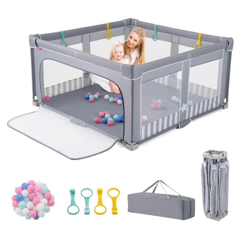 7568383975115 - Coast Large Foldable Baby Box 150x150 cm Grau - Sicherer Spielzaun mit Reißverschluss 50 Seebällen und 4 Heberingen 7568383975115 - Coast Large Foldable Baby Box 150x150 cm Grau - Sicherer Spielzaun mit Reißverschluss 50 Seebällen und 4 Heberingen