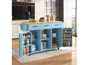 7601280144151 - Okwish - Großes Esszimmer-Servier- Sideboard 139 x 46 (71) x 915 cm blauer Korpus + Arbeitsplatte mit Massivholzmaserung klappbare Arbeitsplatte
