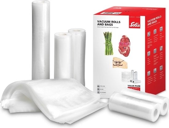 7611210922650 - 5 Vakuumrollen & 50 Vakuumbeutel Vorteilspackung - Geeignet für Gefrierschrank Mikrowelle und Sous Vide Garen - BPA-frei - Dreilagige Vakuumbeutel und Vakuumfolienrollen