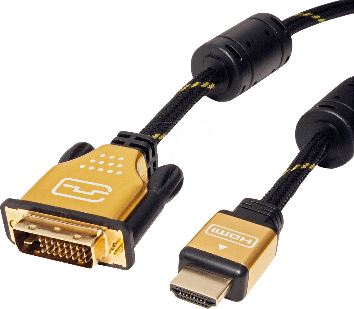 7611990145720 - Roline DVI   HDMI Anschlusskabel DVI-D 24+1pol Stecker HDMI-A Stecker 100 m Schwarz Gold 11045890 Geschirmt schraubbar DVI-Kabel