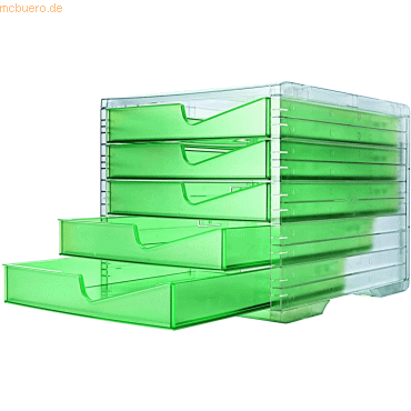 7612176080484 - Schubladenbox styro® styroswing NEONline 5 Schübe Auszugsperre & Griffmulde stapelbar B 270 x T 340 x H 255 mm Polystyrol transparent-neongrün