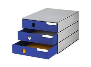 7612176089845 - Schubladenbox styro® Styroval Format C4 3 geschlossene Schübe stapelbar Beschriftungsmaterial B 243 x T 335 x H 200 mm Recycling-Kunststoff grau-blau