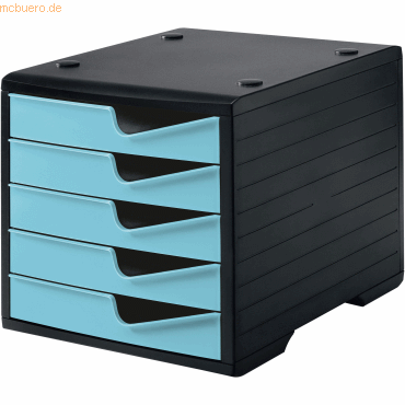 7612176090025 - Schubladenbox styro® styroswing 5 Schübe Auszugsperre & Griffmulde stapelbar B 270 x T 340 x H 255 mm Polystyrol schwarz-aqua