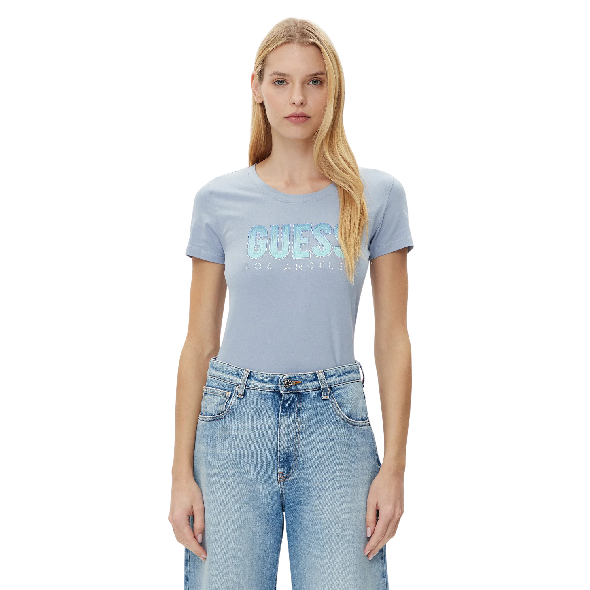 7620837007015 - Damen T-Shirt mit Rundhalsausschnitt und schimmerndem Logo Guess