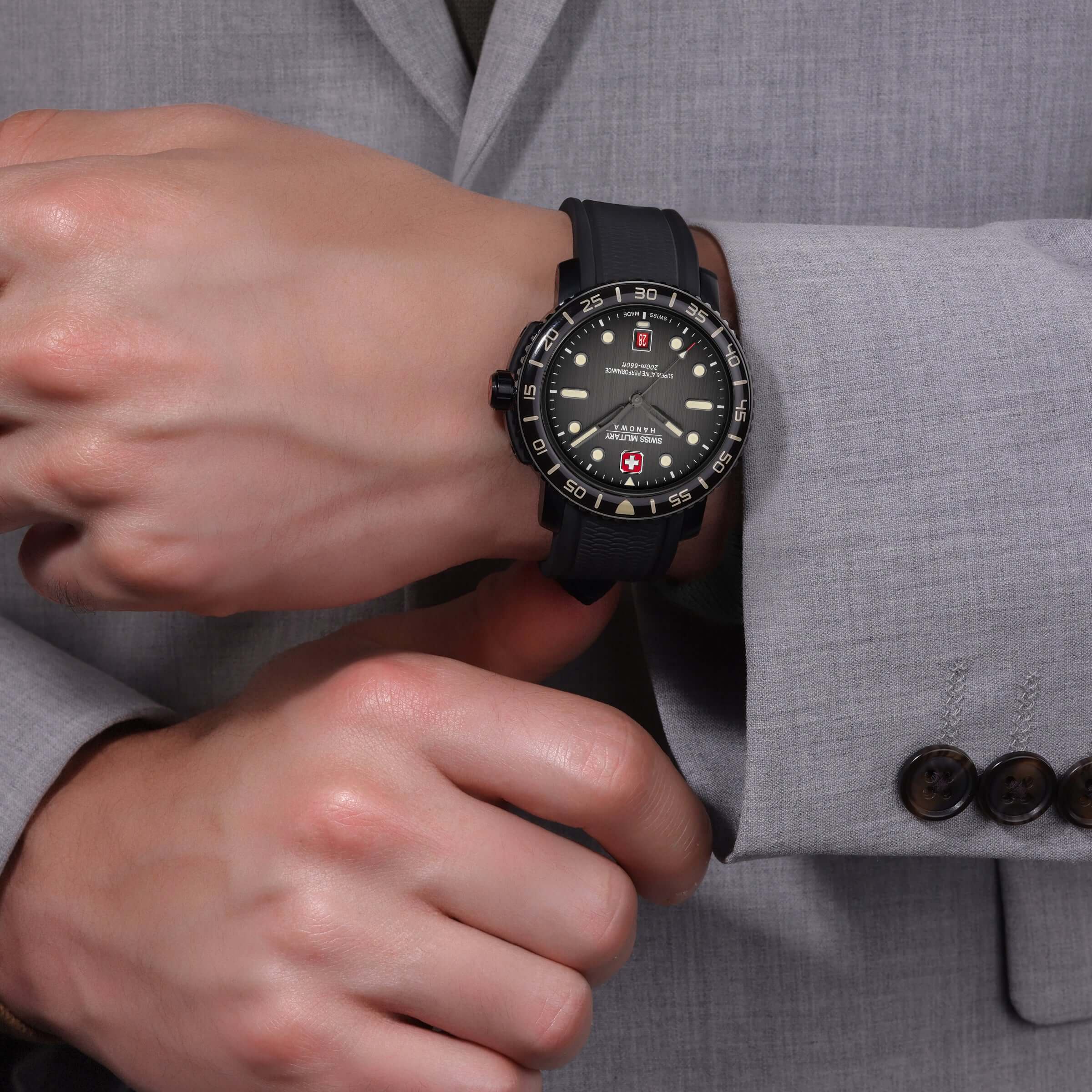 7620958010147 - Herren Armbanduhr Black Marlin 42mm Edelstahl Gummi Schwarz Herrenuhr Chronograph Taucheruhr