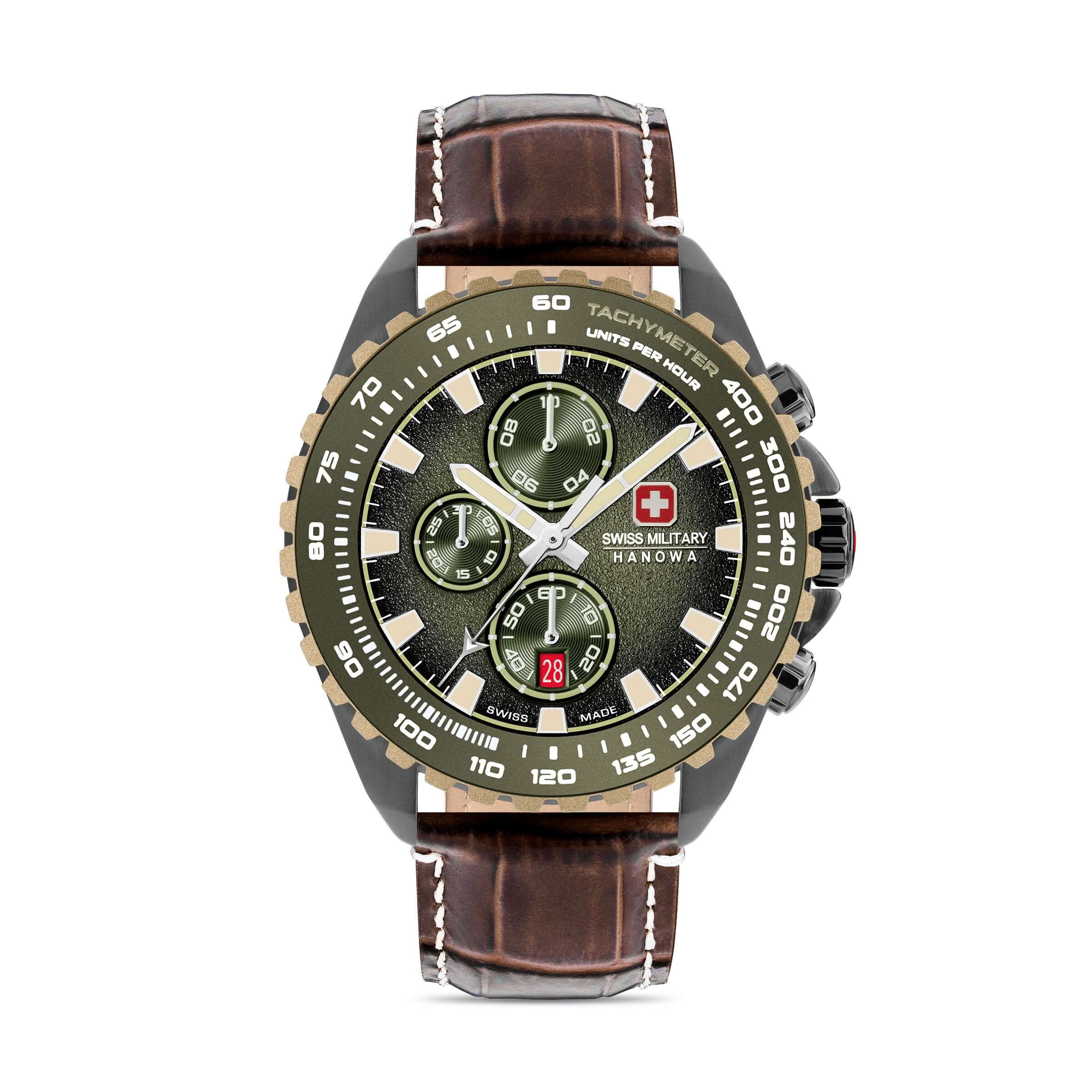 7620958010215 - Mens Wrist Watch Chronograph Green Brown Leather 44mm Herrenuhr Armbanduhr Chronograph Leder