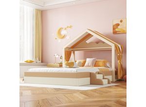 7621280146146 - Okwish - Polsterbett 140 x 200cm Bett mit Lattenrost (ohne Matratze) Kinderbett in Hausform Bett mit Stufen pu minimalistisch braun