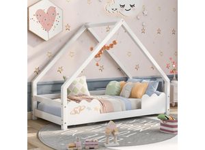 7631280136276 - Okwish - Hausbett Kinderbett 90x200cm mit Rausfallschutz Spielbett Jugendbett aus Massivholz in Weiß