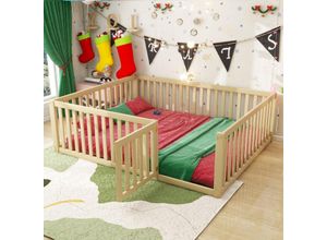 7631280154775 - Okwish - Kinderbett 140 x 200 Bettgestell aus Parkett mit Barriere und Tür Holzfarbe