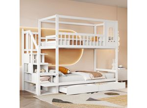 7641280146496 - Okwish - Etagenbett Kinderbett 90200 cm Massivholz-Doppelbett Hausform mit Fenstern Sicherheitszaun-Design mit Aufbewahrungsschubladen und