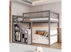 7651280153912 - Okwish - Massivholzbett 140200 Treppe mit Stauraum hohes Geländer Kinderbett Jugendbett Massivholzbettgestell grau