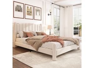 7661280135924 - Okwish - Polsterbett 140200cm mit Lattenrost und Kopfteil elegantes Fächerkopfteil zylindrische Stützbeine Samt Beige