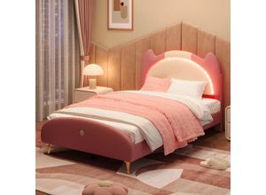 7661280769907 - Polsterbett Einzelbett Kinderbett Kinderbett mit Holzlatten mit Massivholzrahmen und Eisenrohr LED-Streifen weicher Schwamm + PU-Leder Beige +