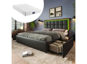 7671280766998 - Bettgestell mit LED-Lichtleiste und 4 Schubladen Doppelbett Polsterbett 160x200cm höhenverstellbares Kopfteil Funktionsbett schwarzes pu (mit