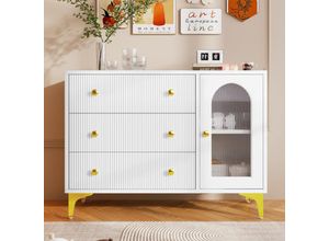 7681280142838 - Okwish - Sideboard Sideboard mit Glastür speziell strukturierter Front mit Schubladen Griffen und vergoldeten Füßen