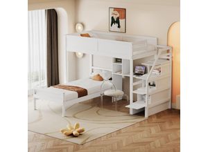 7691280146217 - 90 200 cm Etagenbett Sicherheitstreppe mit verstecktem Staufach Bürostaufach Zwei-in-Eins-Hochzaun-Design Teenagerbett Lattenrost Kiefernbett