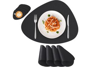 7734759930815 - 4er Set Tischsets Leder und Untersetzer Platzsets Abwischbar Platzset Hitzebeständig Doppelseitigen - Schwarz