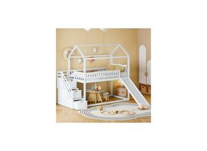 7734759931690 - Etagenbett 90x200cm Kinderbett mit Rutsche und Aufbewahrungsleiter Hohe Zaunkonstruktion Lattenrost aus Massivholz