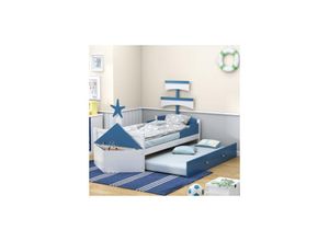 7734759936541 - Jnsongs - Kinderbett aus Holz 90x200 Segelbootform mit Ausziehbarem Bett Schrank am Ende des Bettes - Blau