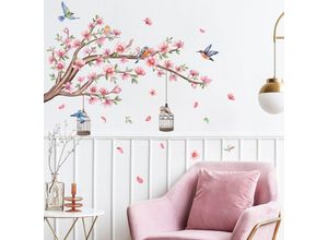 7739196881195 - Shining House - Wandaufkleber rosa Kirschblüten floraler Wandaufkleber Zweig Baum Vögel Wanddekoration Kinderzimmer Wohnzimmer TV-Wand