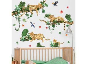 7739196882284 - Shining House - Wandaufkleber mit Dschungeltieren Leoparden-Wandaufkleber Gepard Safari Wanddekoration Kinderzimmer Babyzimmer Wohnzimmer