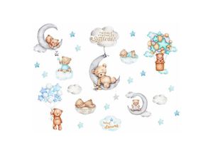 7739196889764 - Shining House - Wandaufkleber für Kinder schlafender Bär Wandaufkleber Wandbild Ballonbär Wolken- und Sternaufkleber für Kinderzimmer