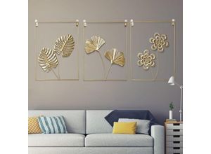 7739196981611 - Shining House - 3-teiliges goldenes Wanddekor-Set moderne minimalistische abstrakte Linienkunst aus Ginkgoblatt-Metall Skulpturen für die Wand im