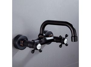 7751577813182 - Mattschwarzer Küchenhahn zur Wandmontage verstellbarer Mittelauslauf zwei Kreuzgriffe Mischbatterie für heißes und kaltes Wasser 360 Grad drehbar 7751577813182 - Mattschwarzer Küchenhahn zur Wandmontage verstellbarer Mittelauslauf zwei Kreuzgriffe Mischbatterie für heißes und kaltes Wasser 360 Grad drehbar