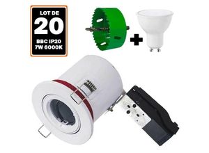 7863112239033 - Europalamp - 20 Spot bbc Orientable RT2012 IP20 Blanc + Ampoule GU10 7W Blanc Froid + Douille + Scie cloche 85mm