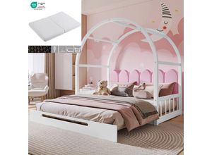 7891277631683 - (Mit Matratze) Ausziehbares Bogendachbett Schiebebett Kinderbett Tagesbett Doppelbett Samtkissen Gestell aus Kiefernholz Weiß + Rosa (140 x