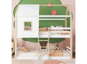 7891280145160 - Okwish - Etagenbett 90200cm Kinderbett mit Leiter und Fenstergitter Bett mit Lattenrost (ohne Matratze) Kiefer minimalistischer Stil natur