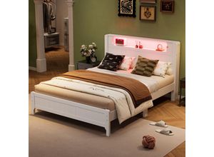 7891280148468 - Okwish - Doppelbett offenes Regal mit Ambiente-Lichtstreifen flache Betten Holzbetten Teenager und Erwachsene Gestell aus Kiefernholz Kiefer +