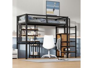 7891280764798 - Redom - Hochbett 90x200 mit Sicherheitsleiter Kinderbett mit Kleiderschrank aus Eisenrahmen und schwarzem Computertisch