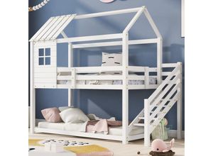 7901277631726 - Okwish - Etagenbett Bett mit Ecktreppe Hochbett Kinderbett mit Rausfallschutz und Gitter mit Fenster Gestell Kiefer weiß (200x90cm)