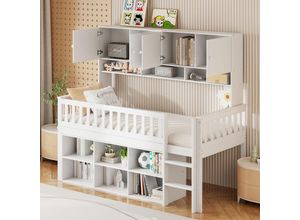 7901280143537 - Okwish - Kinderbett aus Holz 90200 cm mit Stauraum mit Schließfächern und Sicherheitsleiter Einzelbett Babybett weiß