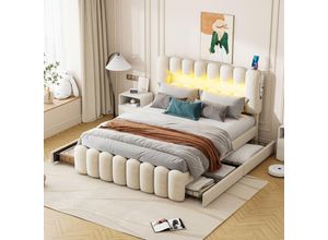 7901280150535 - Okwish - Polsterbett 160 x 200 cm ohne Matratze Polsterbett mit 4 Schubladen Polsterbett mit LED-Lichtleiste mit usb und Stereo Samt Beige