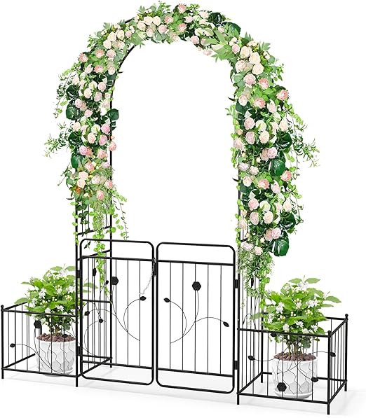 7984704295432 - Rosenbogen Metalltorbogen mit Türen und Pflanzgefäßen Kletterhilfe für Kletterpflanzen 202 x 50 x 220 cm Schwarz
