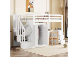 8001280152467 - Hochbett 90 x 200 cm Bett mit Lattenrost (ohne Matratze) Bett mit Kleiderschrank und Treppe Schreibtisch Schubladen und Kleiderschrank weiß