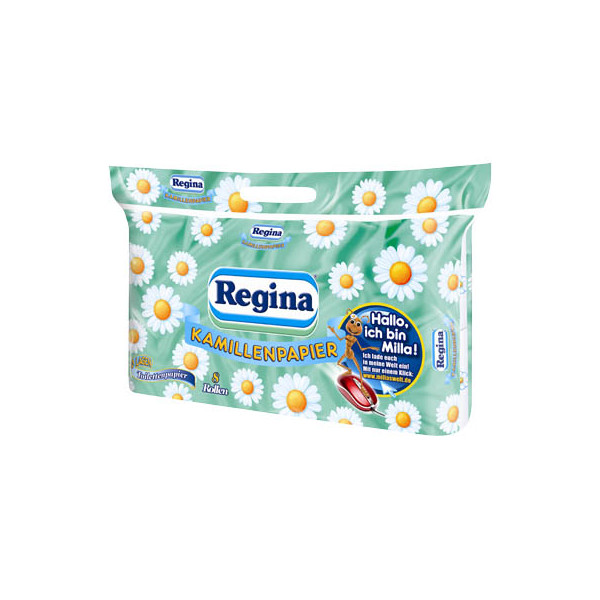 8004260414494 - Regina Toilettenpapier Kamillenpapier 3-lagig Saugstarkes Klopapier mit einem angenehmen Duft 1 Packung = 8 Rollen à 150 Blatt