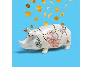 8008215215518 - SELETTI Sparschwein Kintsugi weiß   bunt Porzellan Gold