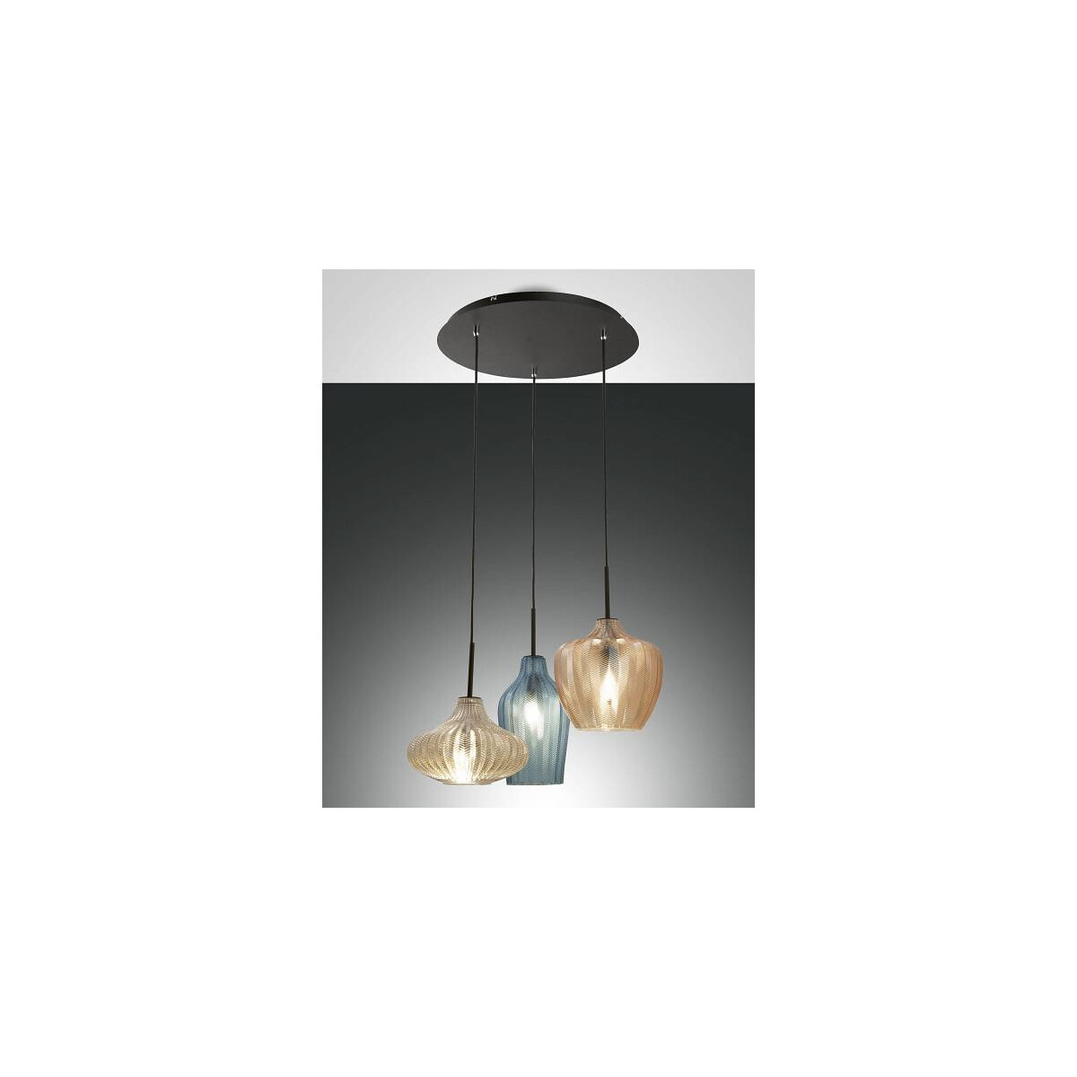 8019282540458 - Olbia Pendelleuchte E27 3x40W Metall und geblasenes Glas Amber Azurblau und champagner