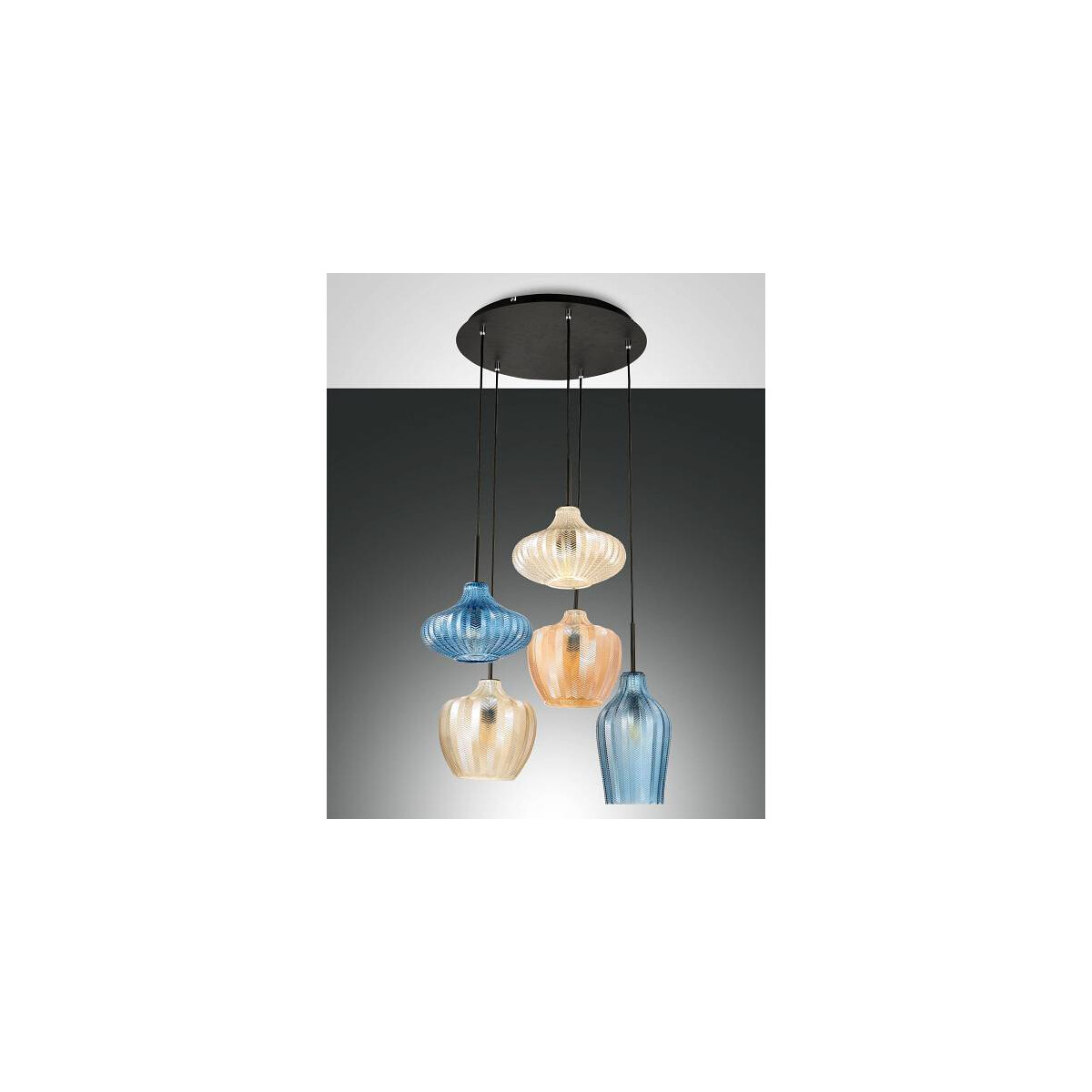 8019282540465 - Olbia Pendelleuchte E27 5x40W Metall und geblasenes Glas Amber Azurblau und champagner