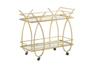 8052773586313 - Dmora Rechteckiger Trolley aus vergoldetem Metall und Spiegelglas mit 2 Ablagen und praktischen Rädern goldfarben Maße 40 x 75 x 80 cm