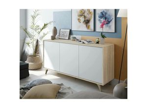 8052773794305 - Dmora - Anrichte Dacell Modernes Sideboard mit 3 Türen und Einlegeböden Küchenbuffet Wohnzimmer-Design-Buffet 154x40h75 cm Eiche und Weiß