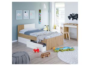 8052773794787 - Einzelbett Dabau Einzelcontainerbett mit Kopfteil Bettrahmen mit 2 Schubladen für Schlafzimmer 196x97h77 cm Geknotete Eiche und Weiß - Dmora