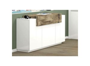 8052773805117 - Dmora - Kommode Dmanar Küchen-Sideboard mit 4 Türen Wohnzimmer-Buffet 100% Made in Italy cm 140x45h86 Weiß glänzend und Ahorn